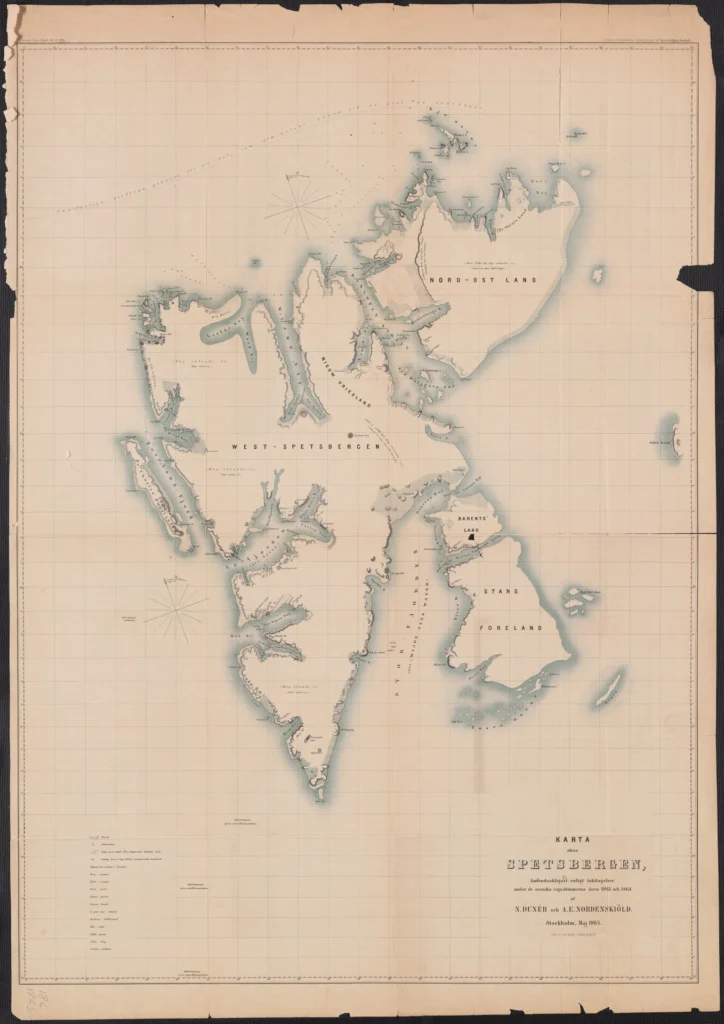 Karta ofver Spetsbergen : hufvudsakligast enligt iakttagelser under de svneska expeditionera aren 1861 och 1864 af N. Duner och A.E. Nordenskiold. (Duner and Nordenskiold, 1865).