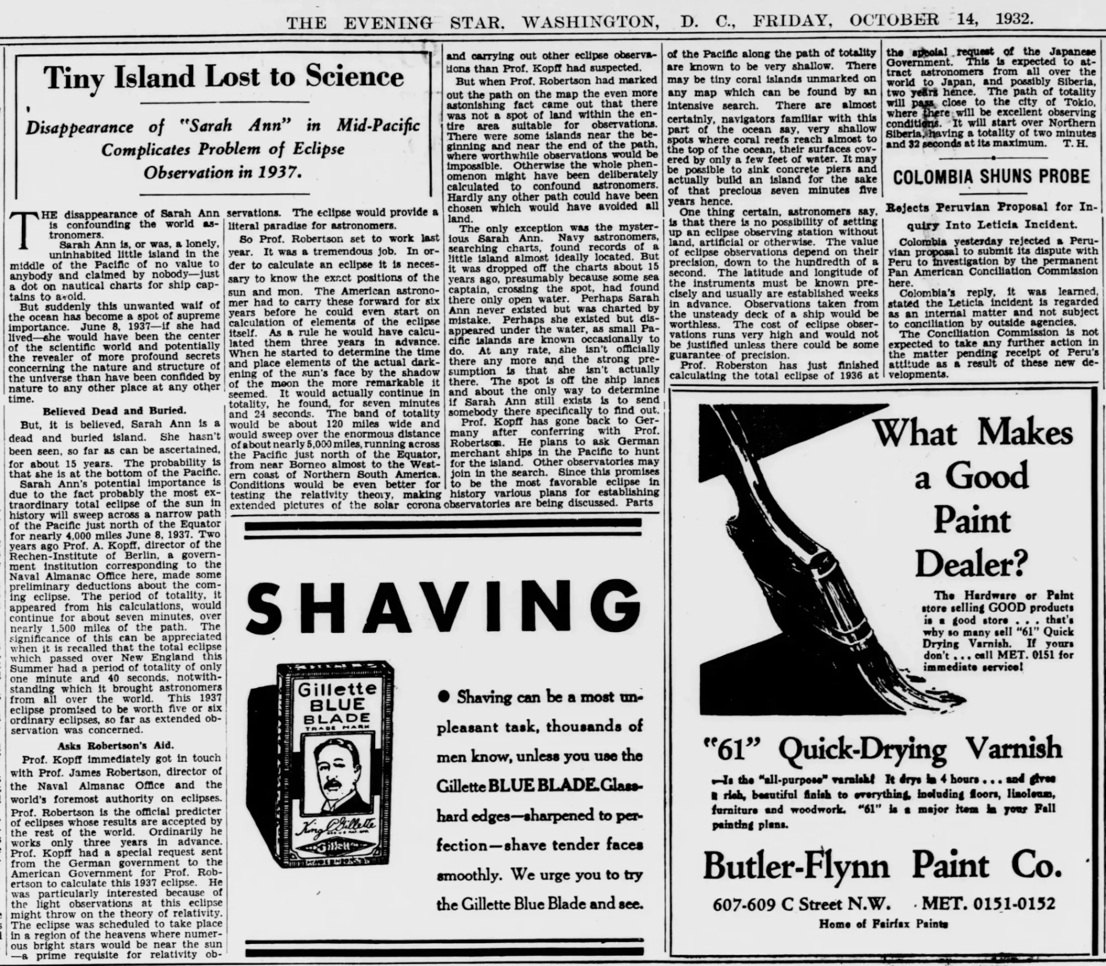 Tiny Island Lost to Science. Disappearance of "Sarah Ann" in Mid-Pacific complicates problem of eclipse observation in 1937.