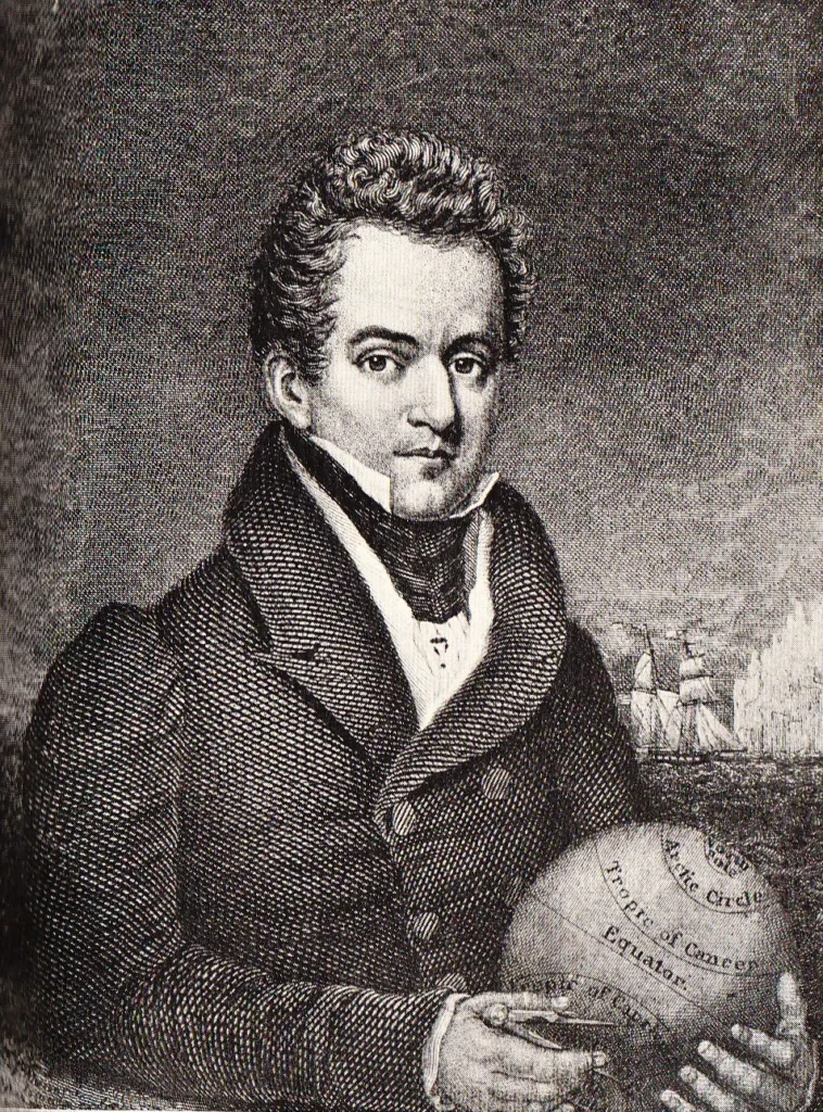 Engraving of Benjamin Morrell holding a globe and divider