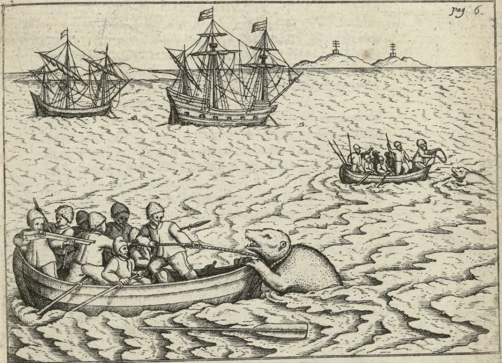 Attempts to capture a polar bear and an attack by the captured polar bear on the sloop with Barentsz during the first voyage, 19 July 1594