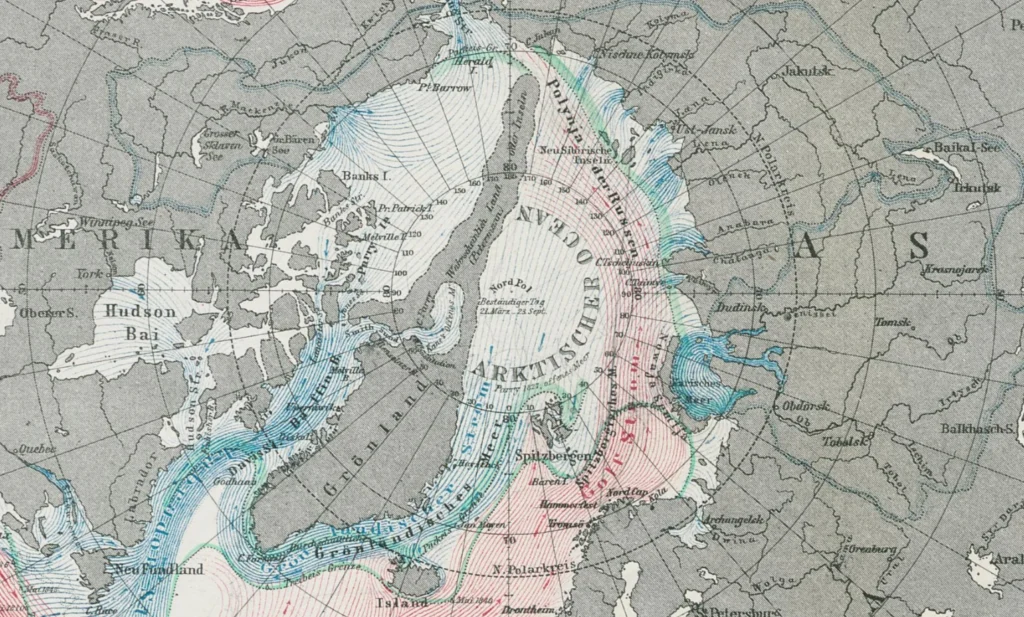Petermann's vision of the Arctic in 1865, with an extended landmass extending across the Arctic Ocean from Greenland.