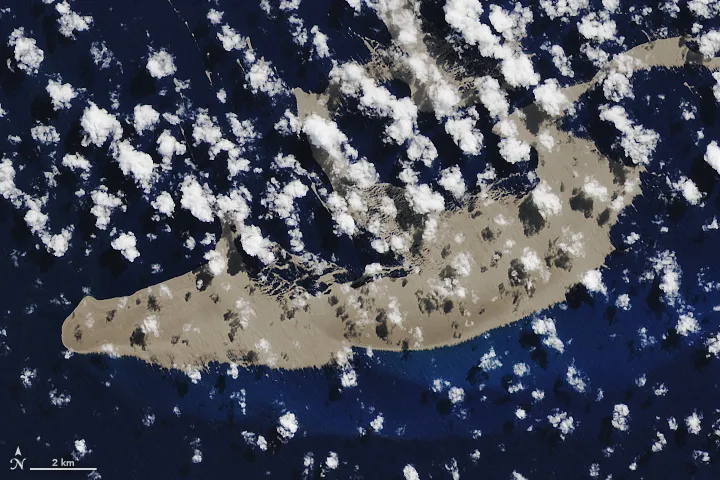 Satellite image of a vast pumice raft floating in the tropical Pacific Ocean near Late Island in the Kingdom of Tonga, 2019